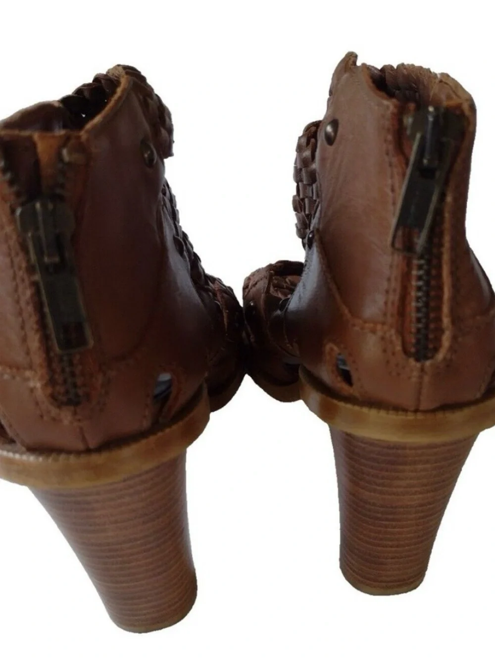 ZARA Brown Braided Leather Sandals Block Heel Back Zip Ankle Bootie Size 9 EU 39 - Picture 4 of 9